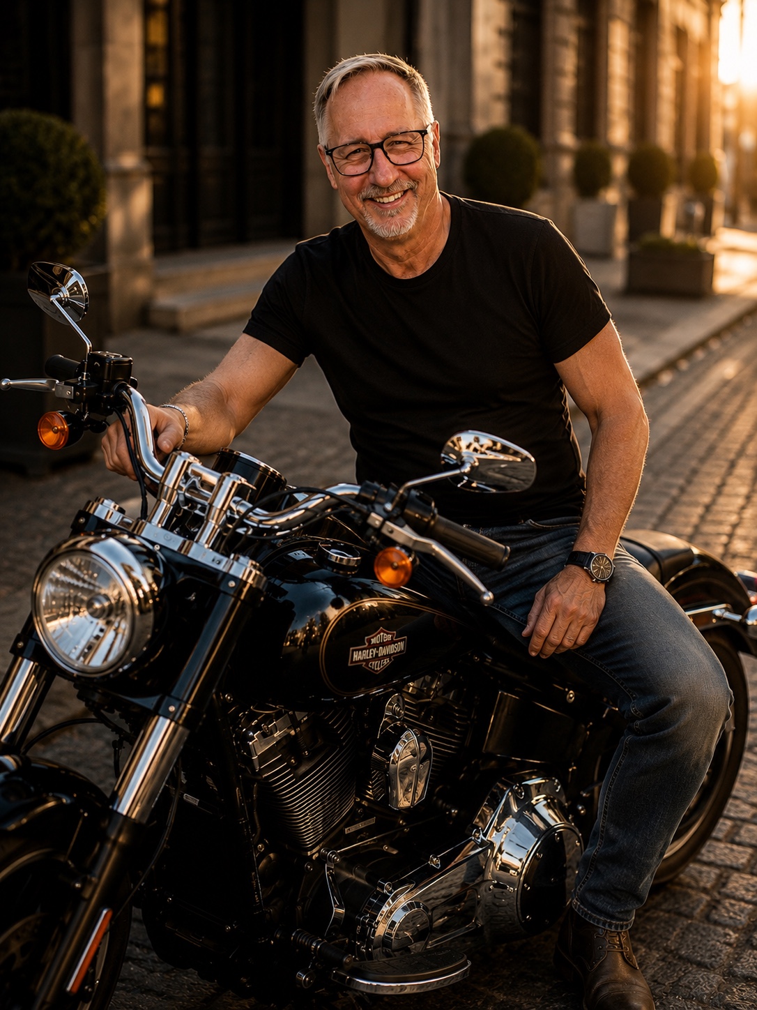 Portrait of Frédéric Bouzy on a motorcycle